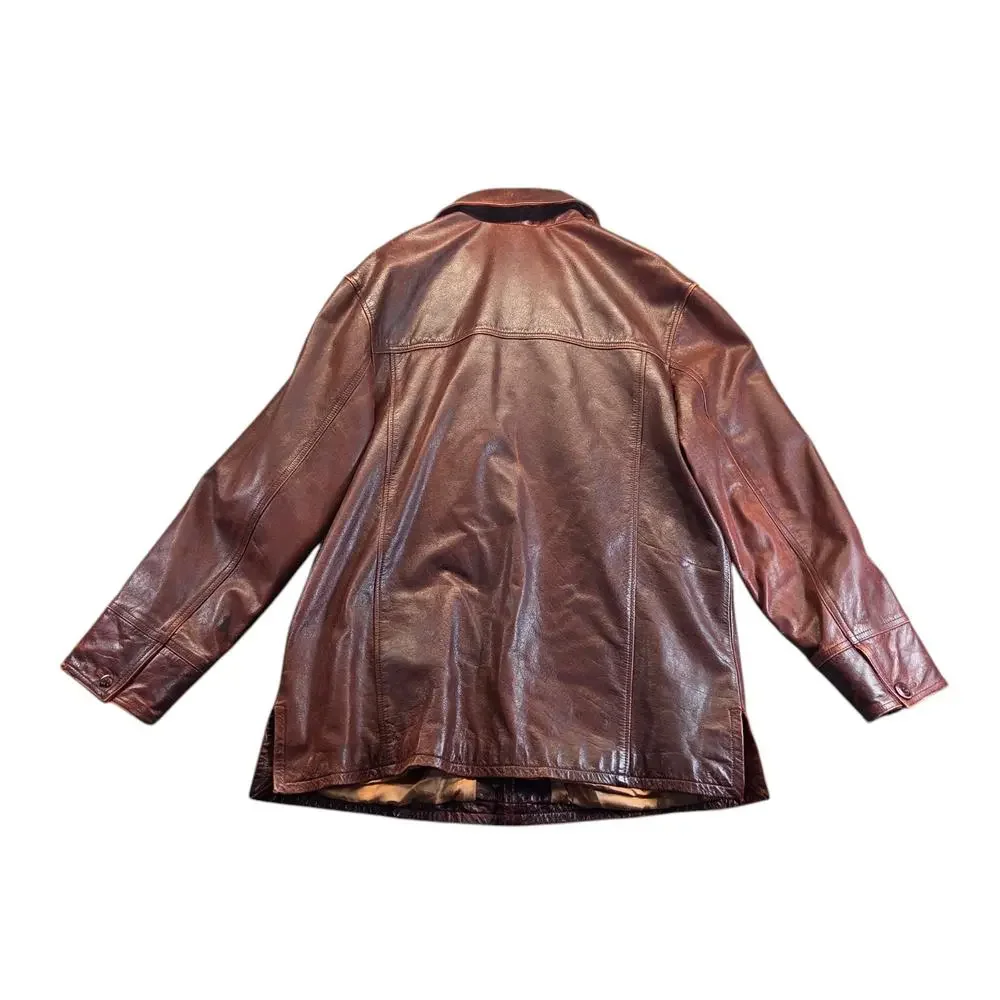Vtg 90's WILSONS‎ Leather PATINA Coat LARGE JULIAN Brown Baggy Heavy Jacket